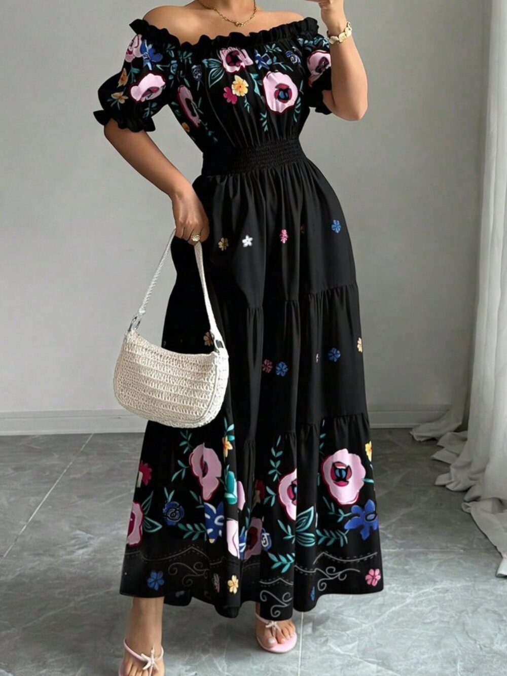 Black Boho Off Shoulder Petal Sleeve Floral Print Waist Flared Women's Dress - Picture 7 of 7